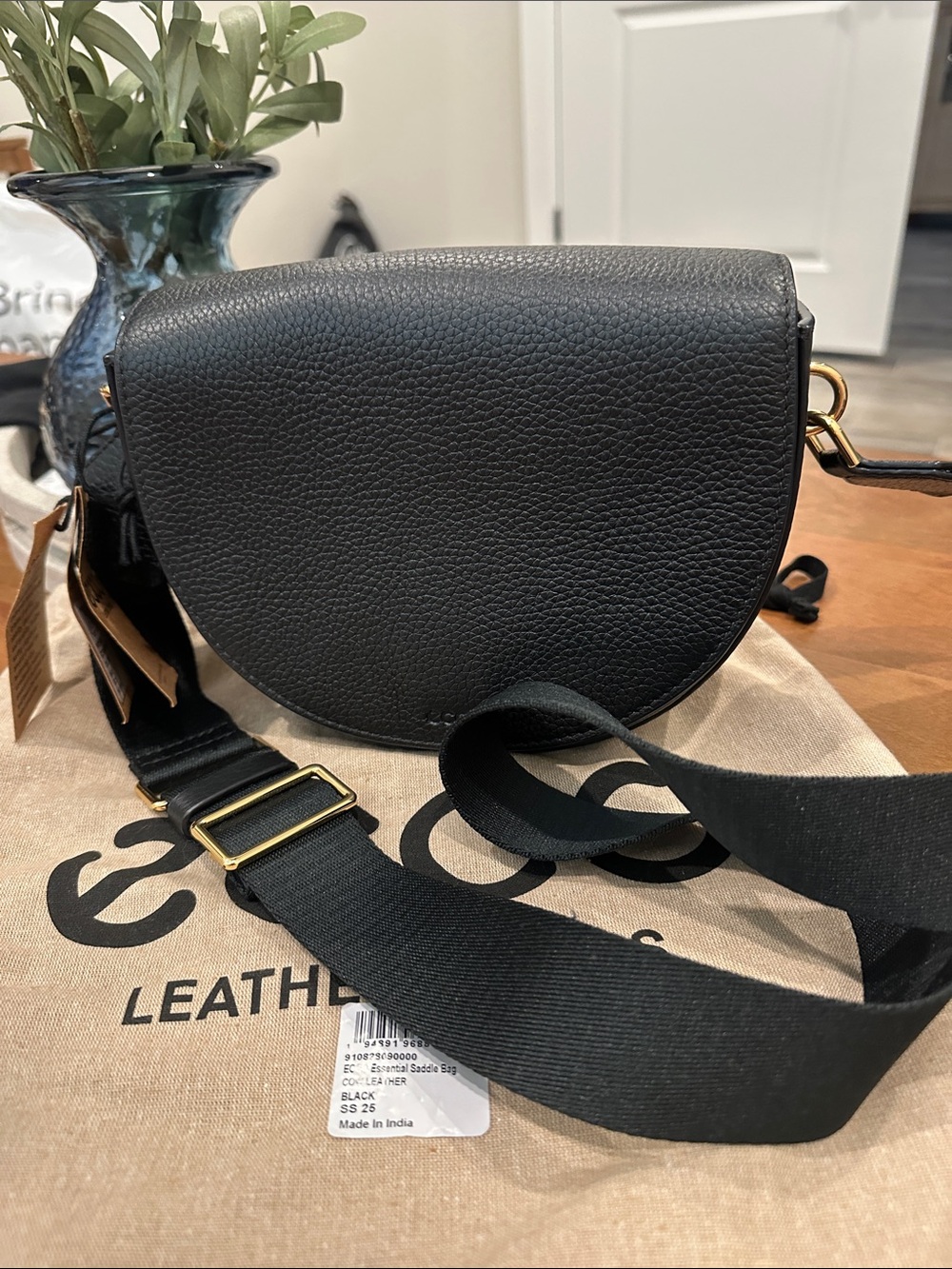ECCO Black Leather Essential Saddle Crossbody Saddle Bag with Adjustable Strap